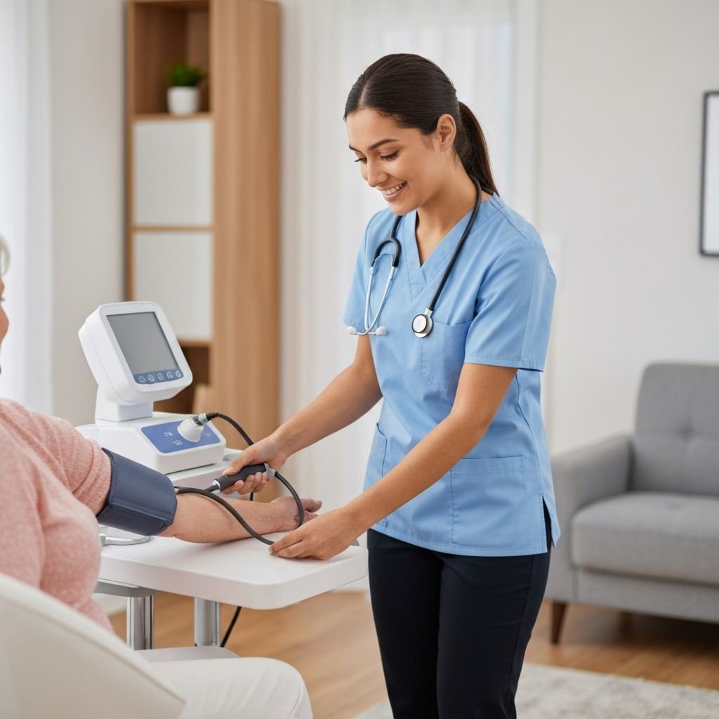 Professional nurse providing home healthcare to patient